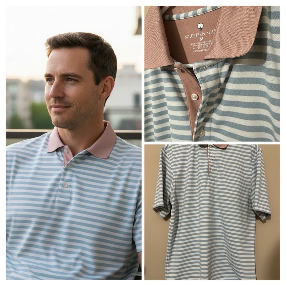 The Southern Shirt Company Men's Polo - Blue and Pink Stripes